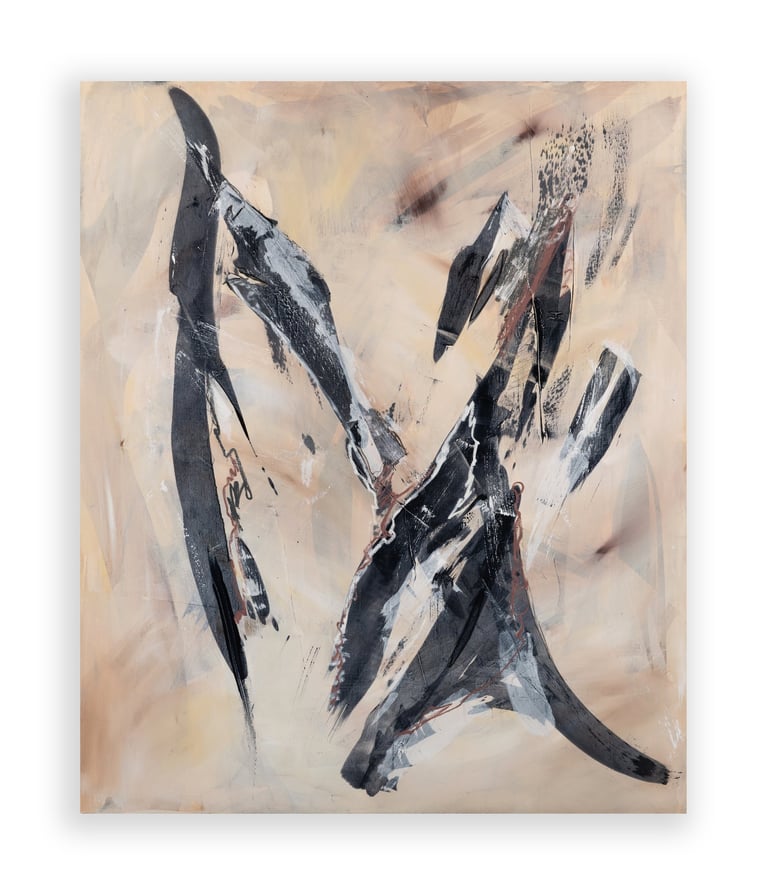 Modern abstract expressionist painting featuring bold black and grey brushstrokes on a neutral beige canvas.