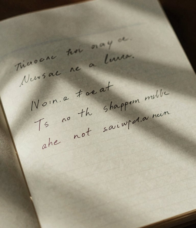 Film photography style, grainy texture. A close-up, slightly underexposed shot of a hand-written journal entry on aged paper (#F8F3EC), with shadows of leaves dappled across the page. Natural, soft light. Mood: intimate and contemplative.