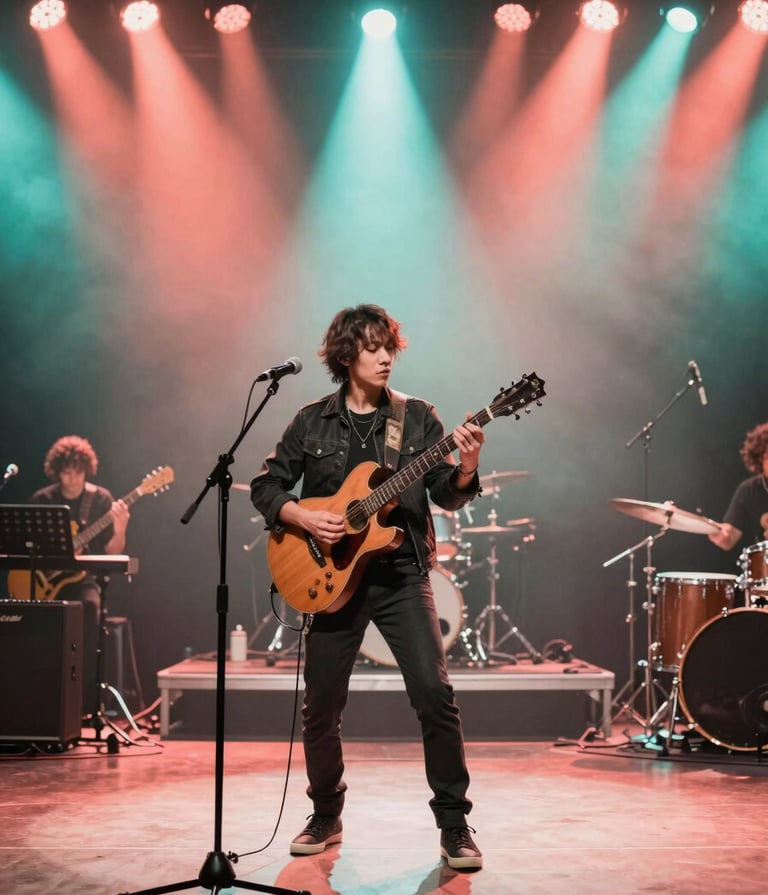 A vibrant, wide-angle photo of a professional solo artist performing with a guitar on a brightly lit stage in a International / English-speaking music venue. The lighting features washes of Electric Mint and highlights of Vibrant Coral. The atmosphere is professional and high-energy.