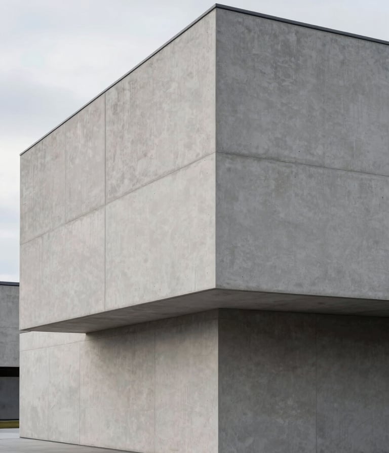 Clean architectural photography of a minimalist concrete building in Oslo. Soft overcast lighting, elegant geometric lines, with a color palette of light gray and charcoal. Professional, sophisticated composition.