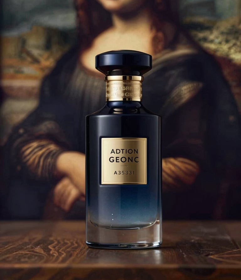 Advertising campaign hero shot. A luxury bottle set against a background reminiscent of a Renaissance painting, featuring deep #363131 tones and warm #A3533F accents. Hard lighting emphasizes the product's premium build.