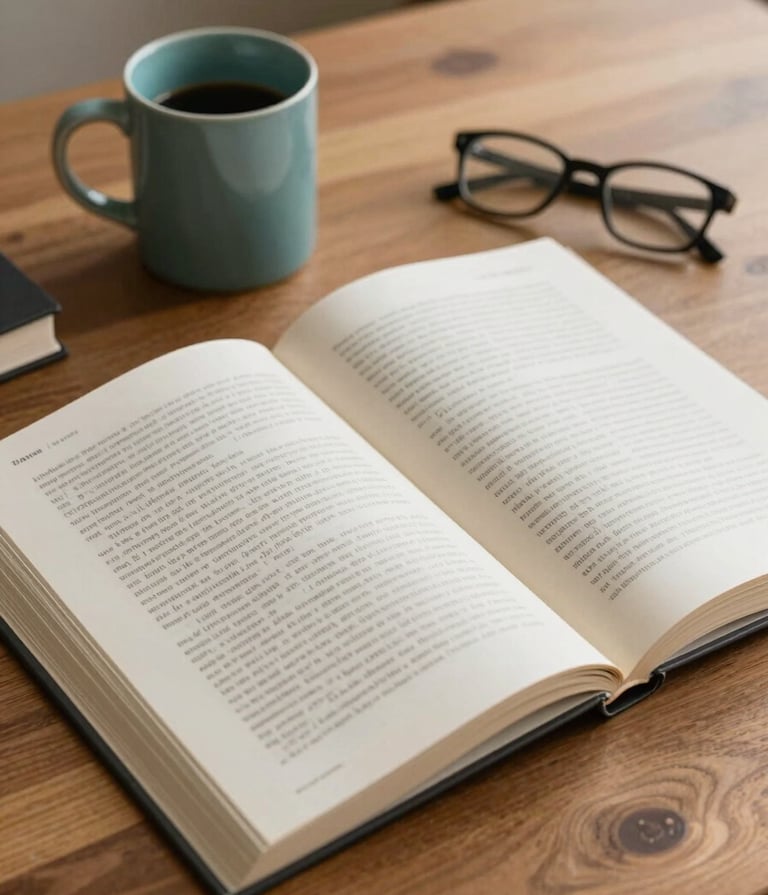 A thoughtfully composed flat-lay of an open academic journal on a wooden desk. Beside it sits a ceramic mug in #7A9E9F teal and a pair of glasses. The image conveys scholarly rigor and a touch of warmth, incorporating the brand's palette of cream #F8F6F4 and dark charcoal #3D3B3C.