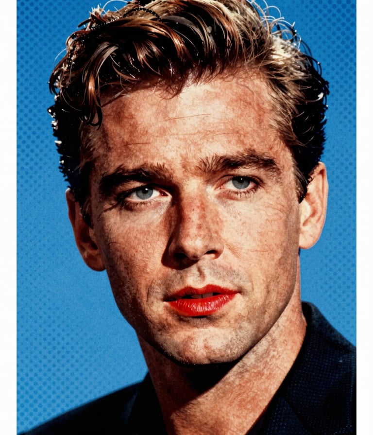 A high-contrast Pop Art style portrait of a man in the style of 1960s film posters. The subject has sharp features, with a background featuring a bold #0050B3 blue halftone dot pattern. Heavy black outlines like a comic book. Splashes of #D4202B red on the lips or accessories. Film grain texture overlay.