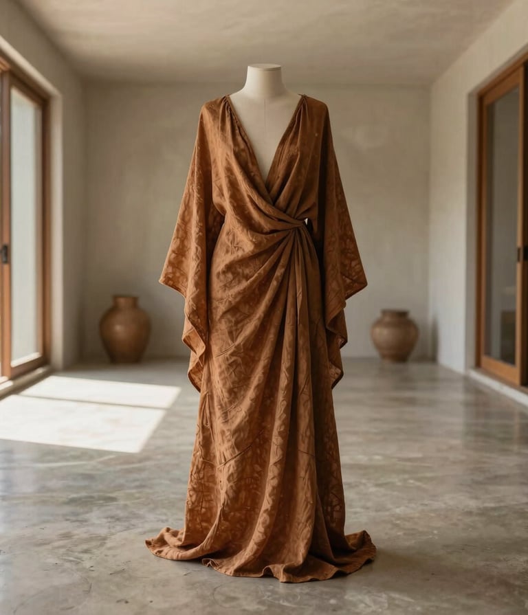 High-fashion editorial photography of a beautifully draped, lightweight linen dress in warm bronze. Set in a sun-drenched, minimalist Brazilian villa with polished concrete floors and large open windows. Soft natural morning light casting delicate shadows. Elegant, artistic composition with generous whitespace, capturing the exquisite craftsmanship and texture of the fabric.