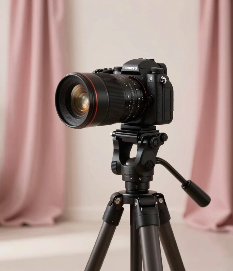 A high-end professional camera on a sleek tripod inside a bright, feminine photography studio in the Middle East. The background features elegant dusty pink drapes and soft warm lighting, creating a luxurious and professional atmosphere.