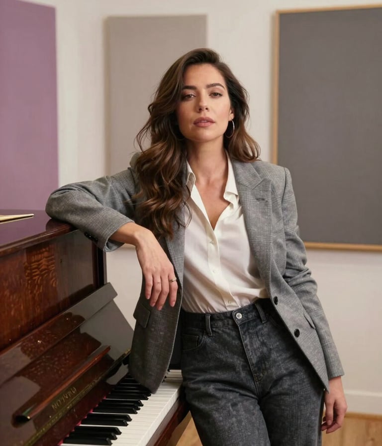 A soulful singer-songwriter in a North American / US studio setting, leaning against a vintage piano. They are wearing professional yet artistic attire. The room is filled with soft off-white light, and the color palette features warm grey and muted mauve accents.
