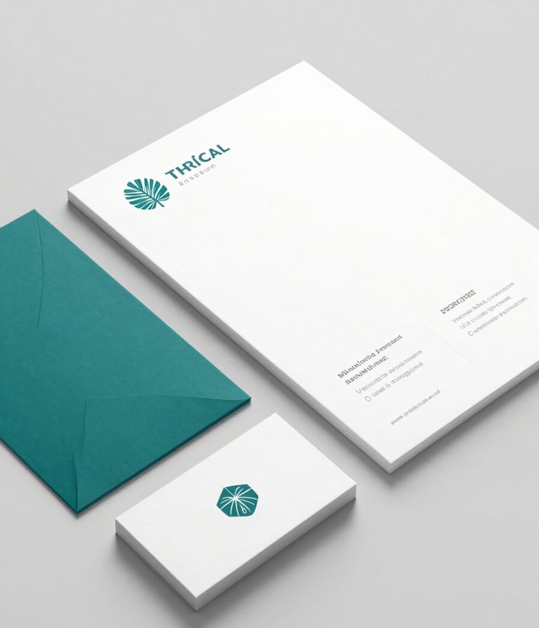A high-end professional mockup of brand stationery and business cards on a clean, grey surface. Minimalist layout with sophisticated Tropical Teal accents. Modern and trustworthy aesthetic.