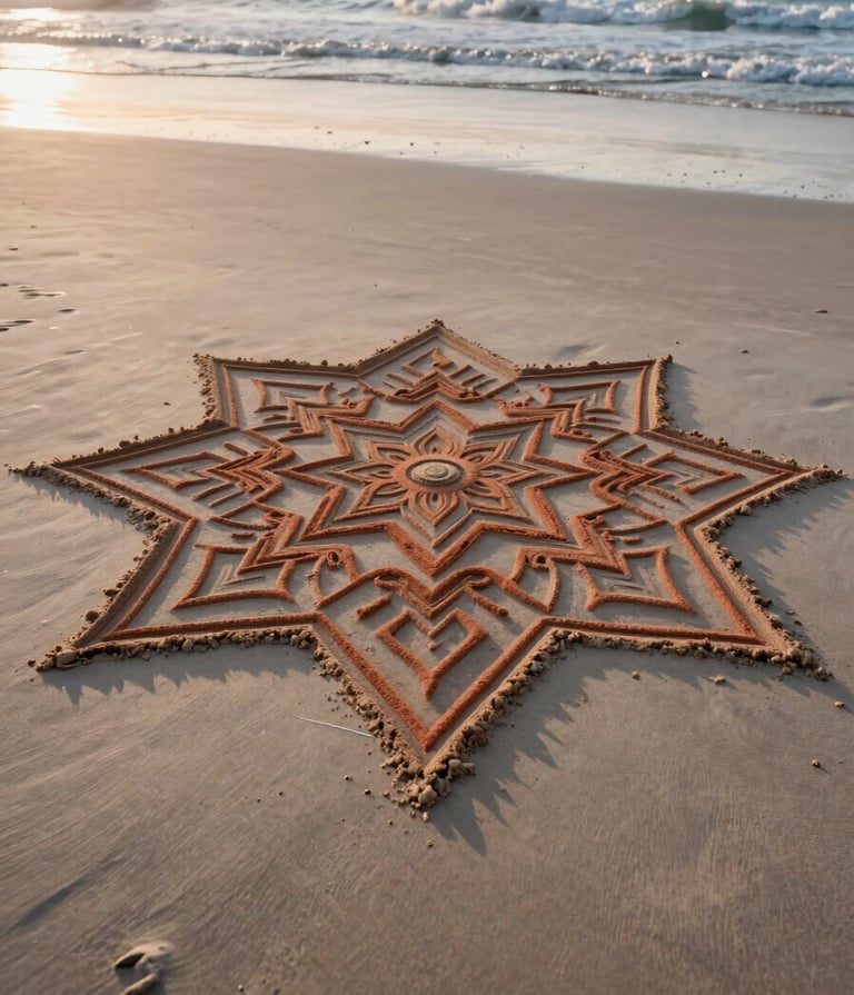 A cinematic wide shot of a large, intricate geometric sand art mandala on a flat, wet beach at dawn. The soft sand is a light cream color, and the low sun creates long, dramatic terracotta-toned shadows. The ocean waves are visible in the background.