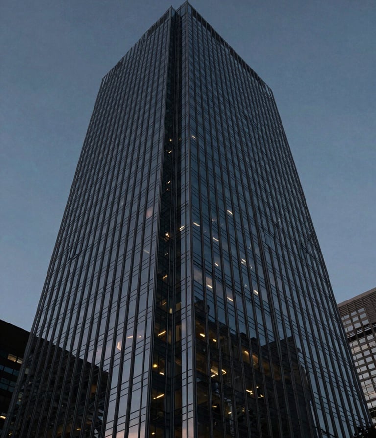 A low-angle, cinematic photograph of a modern glass skyscraper in a North American / US city at twilight. The building's steel frame is reflected in muted indigo and charcoal tones against a deep twilight sky, evoking professional elegance.