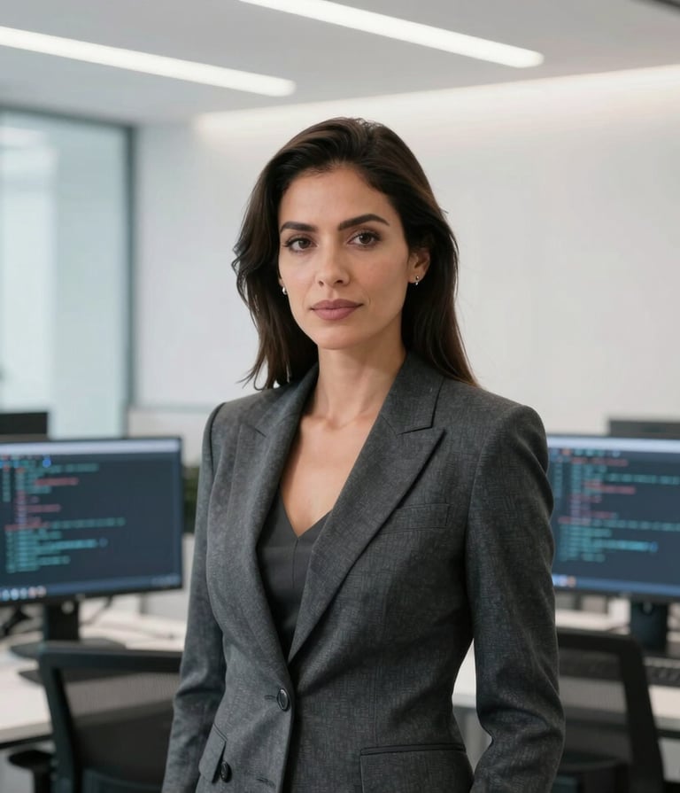 Professional editorial portrait of a Mexican female computer systems engineer in a clean, brightly lit modern tech workspace in Mexico City. She has a confident, authoritative expression, wearing a stylish, structured blazer in deep slate gray. The background features clean white walls, minimalist design, soft overhead studio lighting, and subtle reflections of computer code on glass panels. Crisp, intellectually rigorous, and high-end.