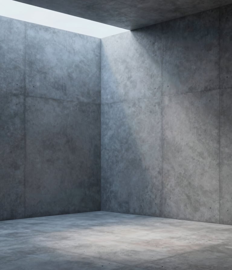 A high-resolution photography-style 3D render of a minimalist concrete room in a North American / US creative studio. Soft blue light hits the muted steel grey walls, creating a clean and modern digital art atmosphere with professional lighting and sharp precision.