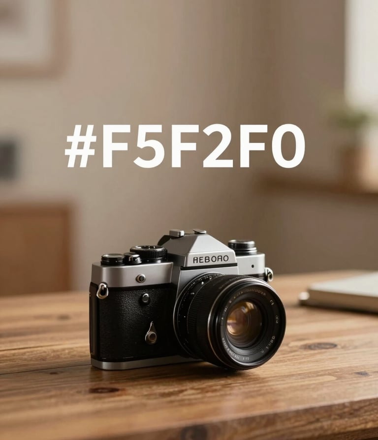 A professional and warm photography studio scene with a vintage camera resting on a wooden table. The lighting is soft and golden, incorporating the brand colors #F5F2F0 and #B8ADAD. Sophisticated and approachable atmosphere.
