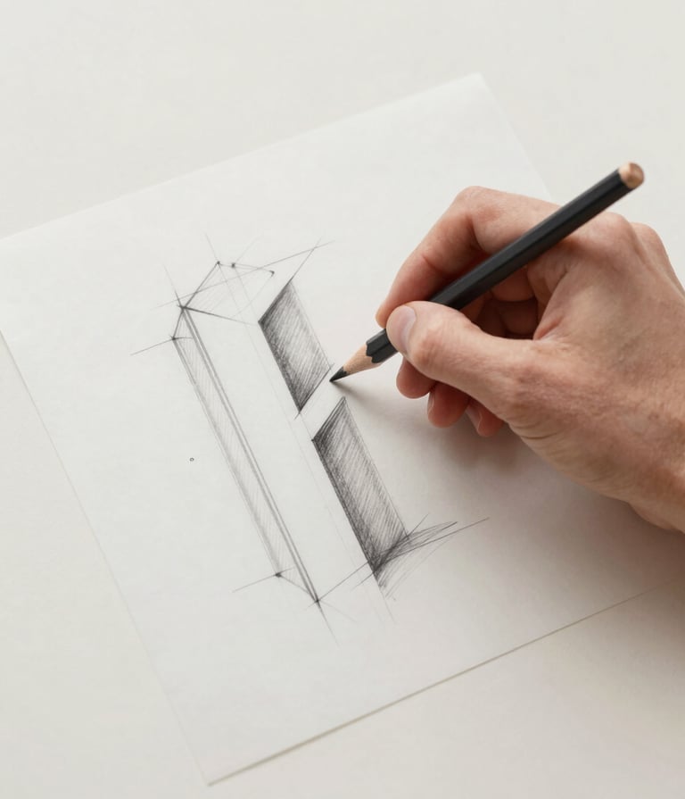 An elegant overhead shot of a hand sketching a structural detail with a graphite pencil on translucent vellum paper. The drawing is precise yet expressive. High-end, minimalist studio lighting with a Soft Sand (#F9F7F2) backdrop.