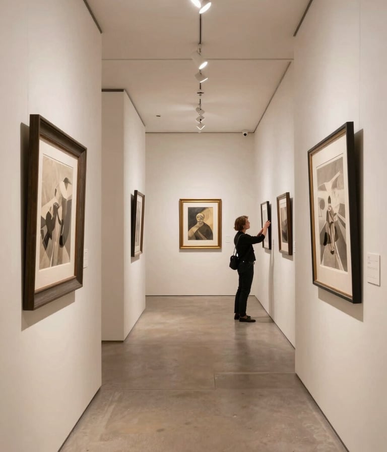 A wide-angle photograph of a sophisticated International / Global Art Scene gallery space. The walls are a serene Light Cream, featuring Deep Charcoal frames. A professional curator is seen in the distance adjusting an exhibit.