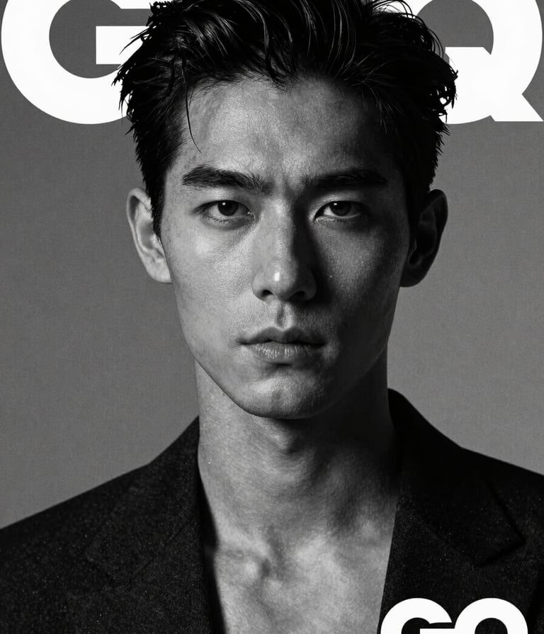 A medium close-up of a male model with a sophisticated expression, lit with charcoal black shadows and silver grey highlights. The style is inspired by premium fashion editorials like GQ, emphasizing texture and masculine strength.