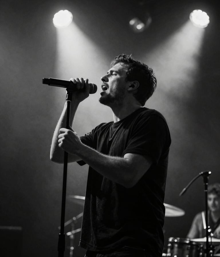 A high-contrast black and white photography of a rock singer performing with intense emotion in a dark Western European club. Off-white stage lights create a dramatic silhouette against a charcoal anthracite background. Minimalist composition, raw grain.