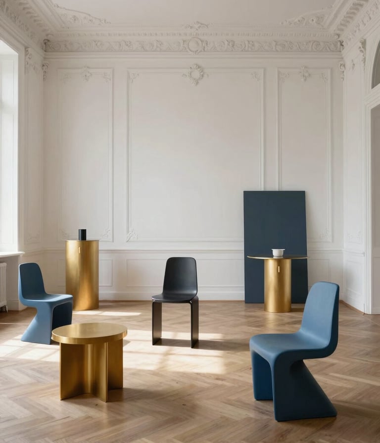 Wide-angle photograph of a production set in a grand Parisian apartment with white walls and ornate mouldings. Modernist set pieces in gold and muted blue are arranged elegantly. Soft natural light.