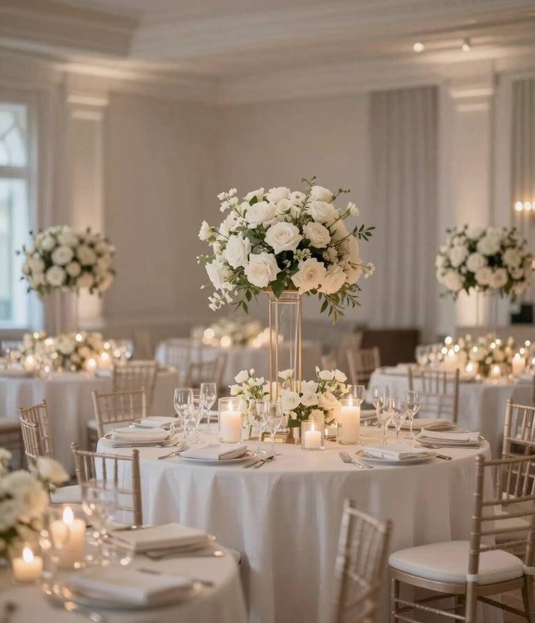 A high-quality, wide-angle photograph of a beautifully decorated event hall before guests arrive. The scene is filled with elegant floral arrangements and soft candlelight. The color palette emphasizes #CFC7BB and #F7F5F0, creating a sense of sophisticated anticipation and artistic elegance.