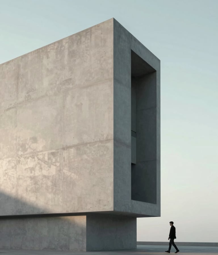 Cinematic wide shot of a modern concrete building against a pale morning sky, reflecting the #F2F5F7 palette. Minimalist composition with a single person walking, creating a sense of scale. Lighting is soft and directional, with shadows in #1A1A1A.