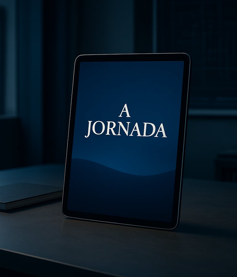 A high-end 3D mockup of a digital e-book cover titled 'A Jornada' displayed on a sleek tablet screen, positioned on a minimalist desk in a South American architectural office. The lighting is moody and professional, highlighting deep navy and steel blue accents.