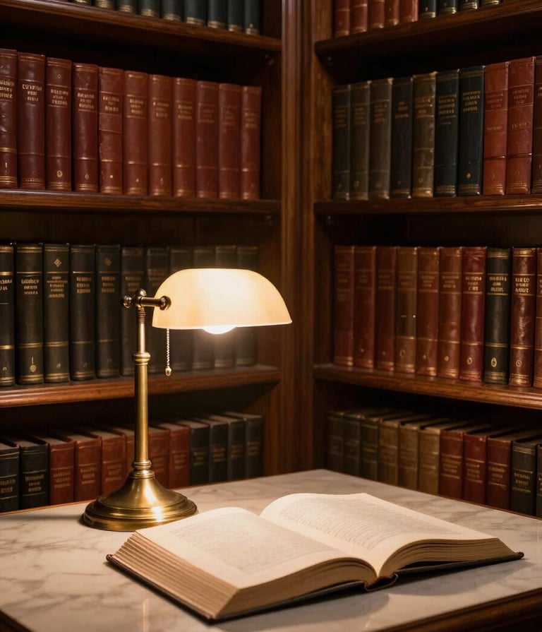 A dimly lit library corner with tall, dark espresso wooden shelves filled with leather-bound books. A single brass lamp glows with a soft antique gold light, illuminating an open book on a cream-colored table.