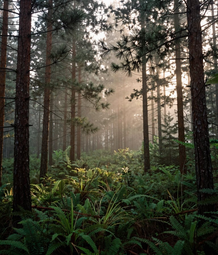 Wide shot of a misty North American / US forest at dawn, soft sunlight filtering through pine needles, deep forest green and earthy brown palette, sophisticated and serene composition.