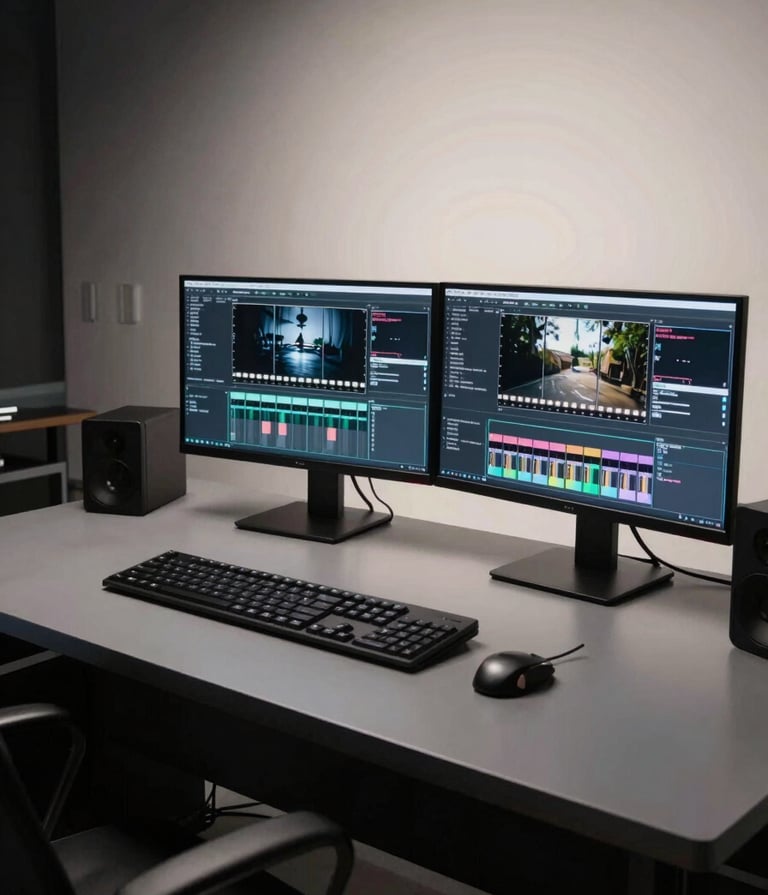 A sophisticated North American / US post-production studio. A sleek charcoal grey editing desk with dual monitors showing high-contrast film footage. The room is dimly lit with dramatic, soft off-white backlighting.
