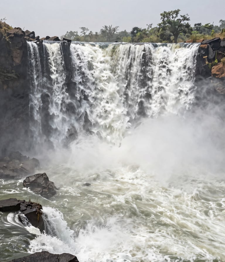 Cinematic wide shot of the Kalandula Falls in Angola, misty atmosphere, soft off-white water contrast against charcoal grey rocks, professional photography.