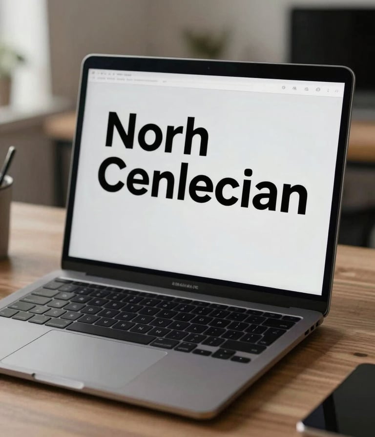 A professional desk setup in a North American / US creative agency, featuring a high-end laptop on a charcoal stand. The screen shows a clean, user-friendly interface with bold black typography on a soft light grey background. Neutral color palette.