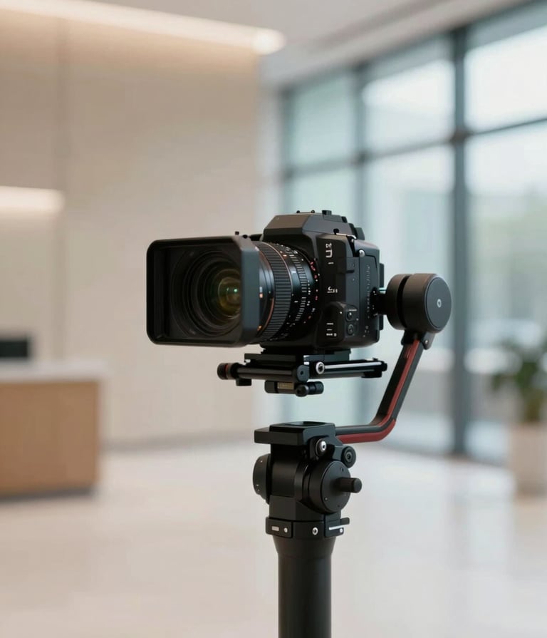 A cinematic shot of a professional 4K camera on a stabilizer rig inside a bright, minimalist corporate lobby. The scene features soft sand-colored walls and large glass windows with subtle teal blue reflections. Professional craftsmanship style.