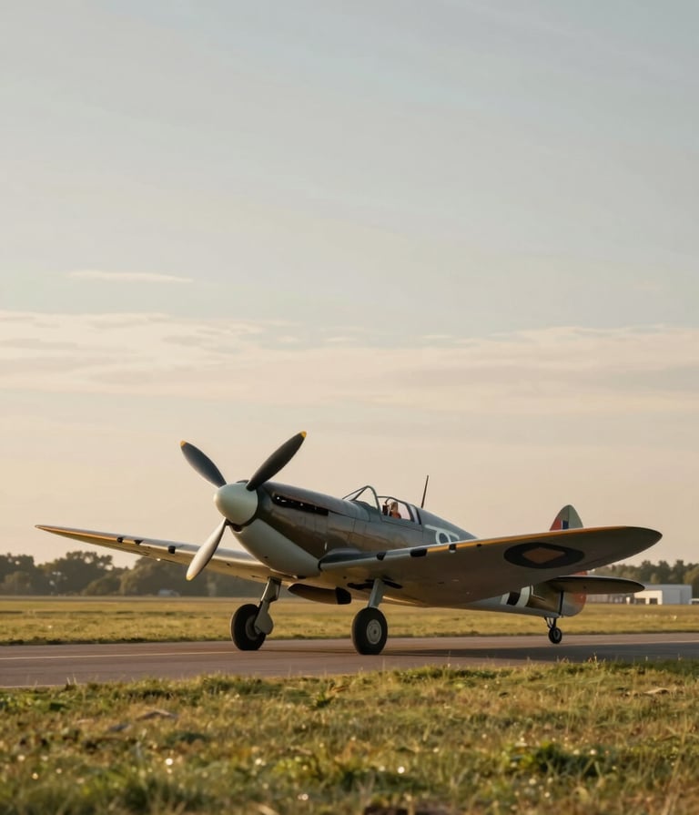 A wide angle shot of a classic Spitfire aircraft parked on a grass runway during the golden hour. The sky has soft #5D6D7E hues. The composition is elegant and evokes a sense of timeless heritage. High-end editorial style.