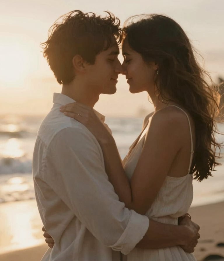 A couple embracing on a Balinese beach at golden hour. Soft sun flare, warm nostalgic tones #F8F4F0 and #D4C7BB. Intimate and emotional storytelling style.