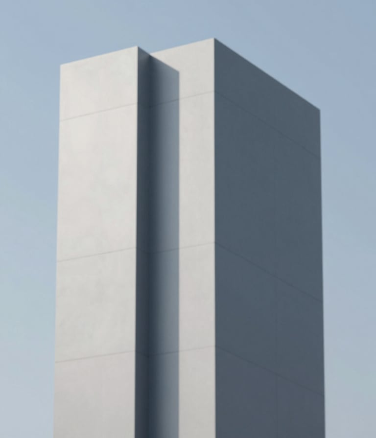 A minimalist architectural detail of a modern skyscraper, featuring clean lines and sharp angles. The composition is stark against a clear sky. Lighting is bright and direct, casting deep shadows. Colors are dominated by #D0D5DB and #2F363F.