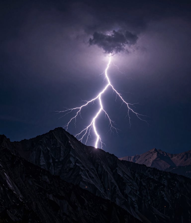 A sharp, high-contrast landscape photograph of a singular, brilliant lightning bolt striking a jagged mountain ridge at night. The sky is a deep navy, and the scene is illuminated by the electric flash. Minimalistic composition with clear, elegant lines. International / Western alpine setting.