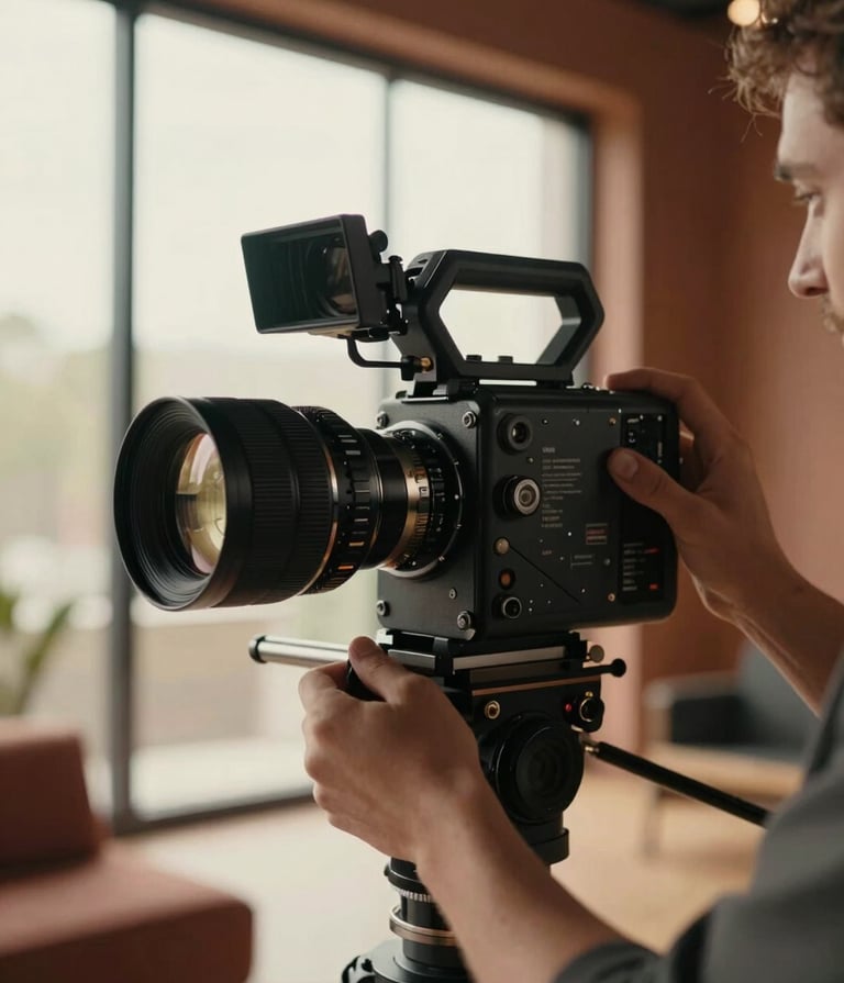A cinematic, portrait-oriented photography of a professional filmmaker's hands adjusting the focus ring on a vintage cinema lens. The lighting is warm and golden, coming from a large window in a modern North American studio. Muted terracotta and deep charcoal tones are visible in the background.