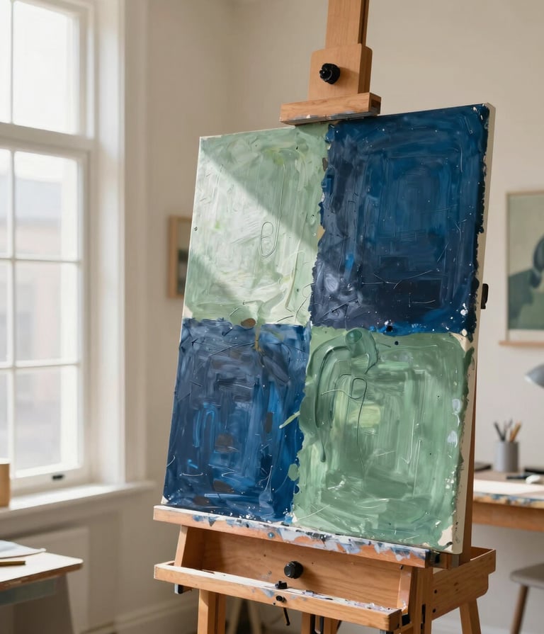 A bright North American art studio with soft cream walls. A large, partially finished abstract painting on a wooden easel features midnight blue and sage green tones. Natural sunlight streams in through a large window, creating an inspiring and professional educational atmosphere.