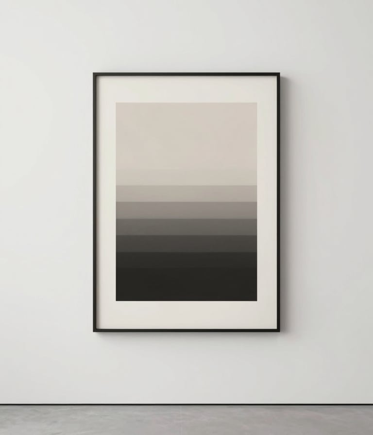 A minimalist gallery space featuring a clean white wall #F1F4F2 with a single, perfectly hung work of art. The lighting is soft and architectural, using tones of #AEC5BE and deep shadows #293B37.