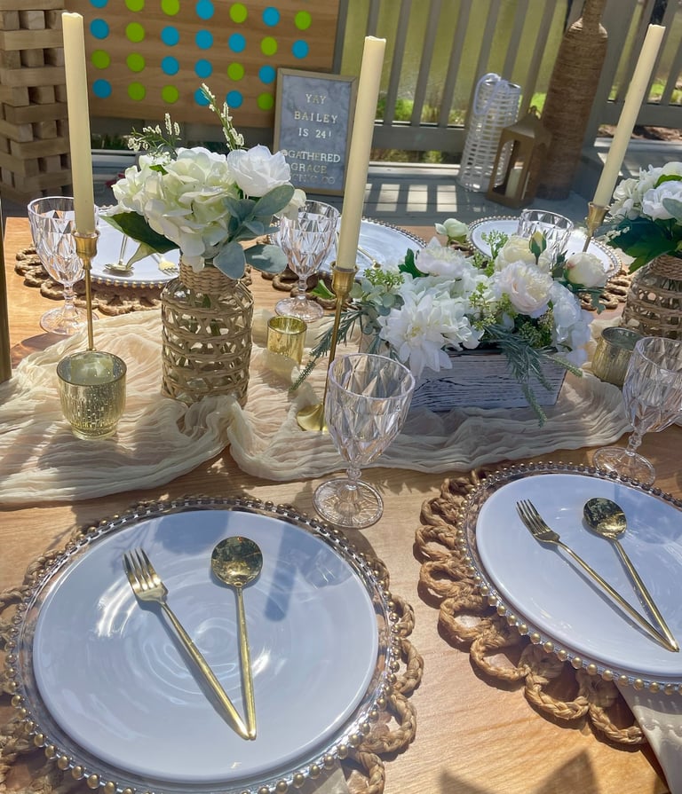 Neutral themed fancy picnic with woven accents in shades of tan, offwhite, and ivory Gathered Grace 