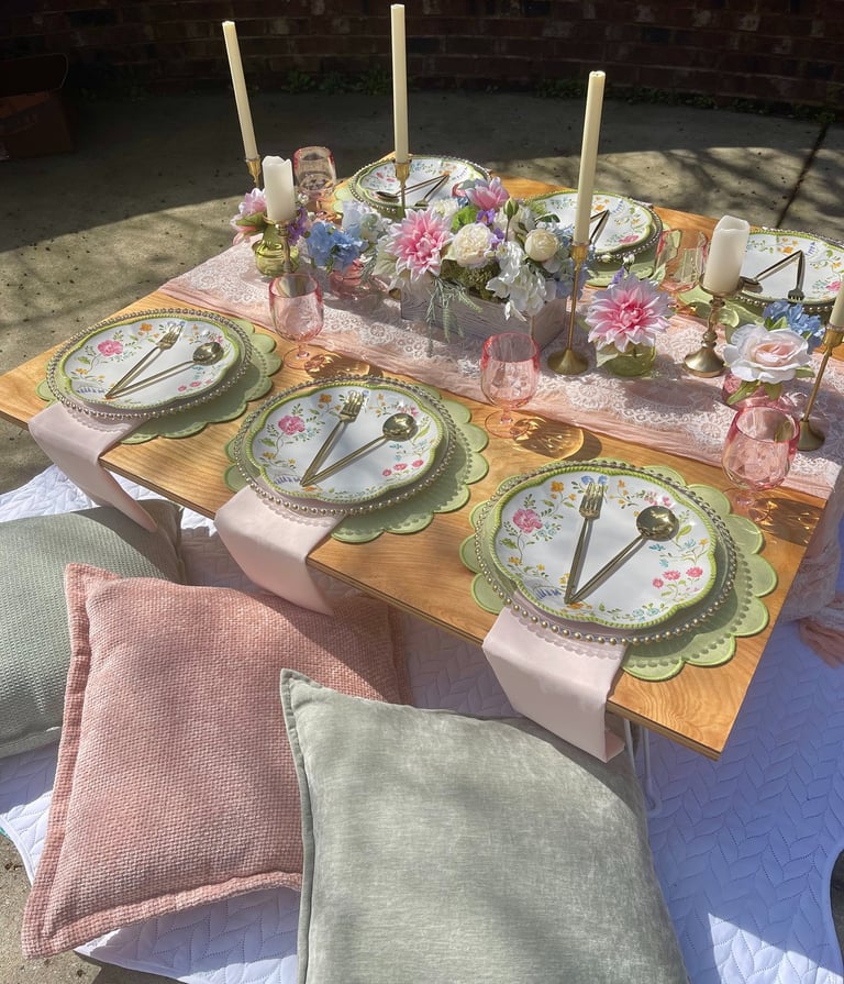 English Garden pastel pink and green elegant vintage luxury picnic lace Gathered Grace Picnic Co.