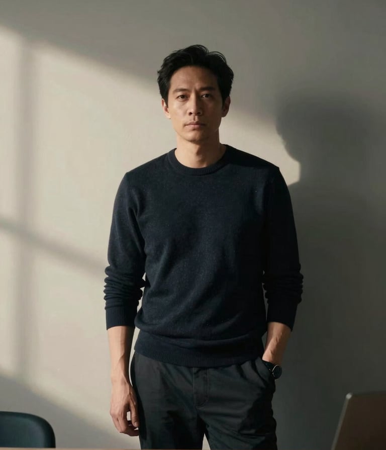 A cinematic portrait of a creative lead in a modern North American / US workspace. The subject is wearing dark attire, standing against a neutral pearl wall with soft charcoal black shadows and sharp lighting.