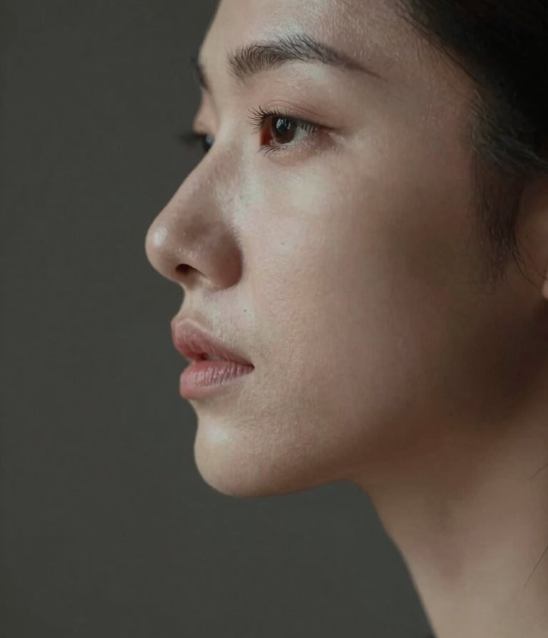 A sophisticated fine art portrait of a person's profile. Light highlights the bridge of the nose and the chin, while the rest of the head fades into the dark background #1F1E1C. Elegant and emotive, capturing authentic human expression. Warm, personal lighting #F5F2EF.