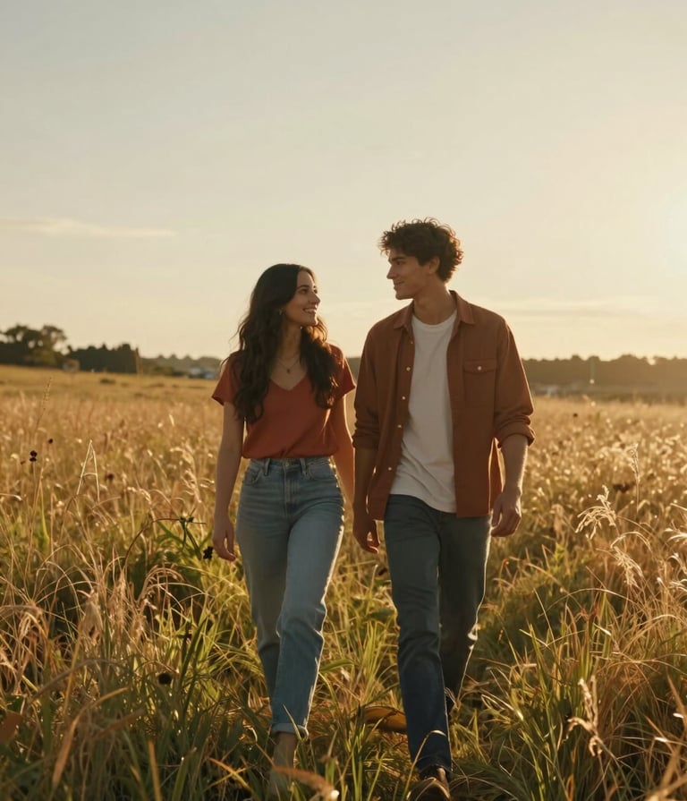 A cinematic, wide-angle photograph of a young North American / US couple walking through a sun-drenched meadow during the golden hour. The lighting is warm and hazy, highlighting the golden tones of the grass and the terracotta accents in their casual clothing.