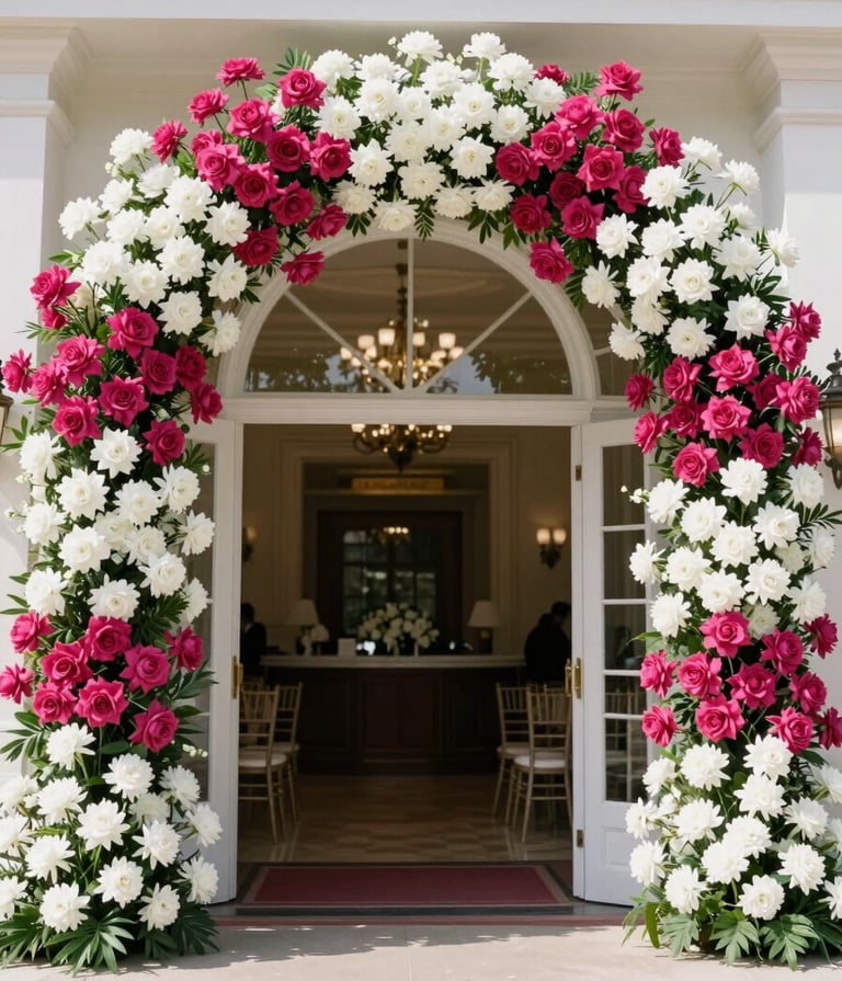 Bright high-key editorial photograph of a grand ballroom entrance with a monumental arch of vibrant magenta and crisp white flowers, 35mm lens, sharp focus