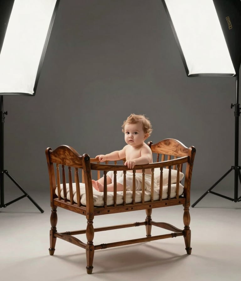 Photography of a professional baby photo shoot set in a luxurious Turkish / Istanbul studio. A vintage-style wooden cradle sits on a soft off-white floor, with charcoal grey backdrops and professional softbox lighting visible in the periphery.