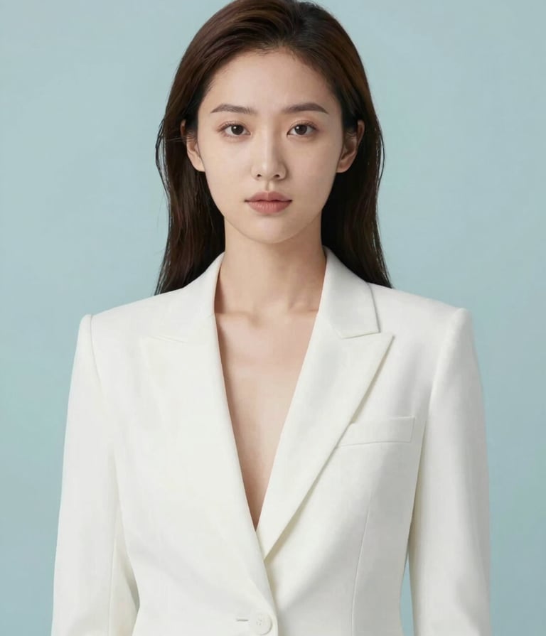 Minimalist studio portrait of a woman in a white blazer, sharp lighting, soft #98C1D9 accents in the background, elegant and tech-forward high-resolution photography.