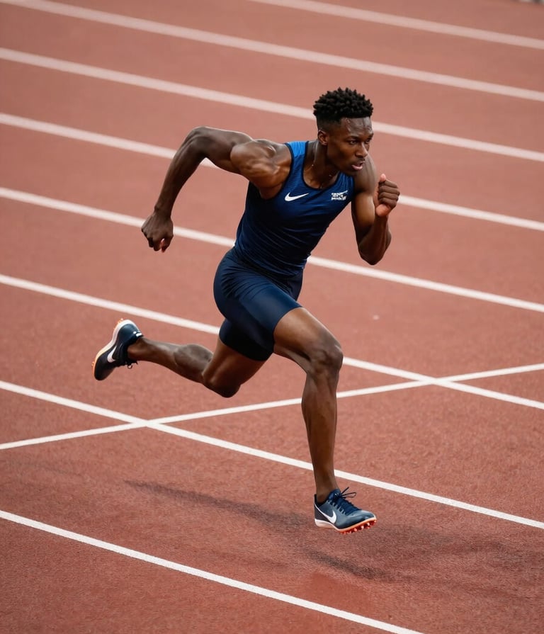 Dynamic full-body shot of a sprinter mid-stride on a track. The white track lines create a sharp geometric pattern on the ground. The athlete wears a sleek dark blue and black uniform. Professional sports photography, Western / International.