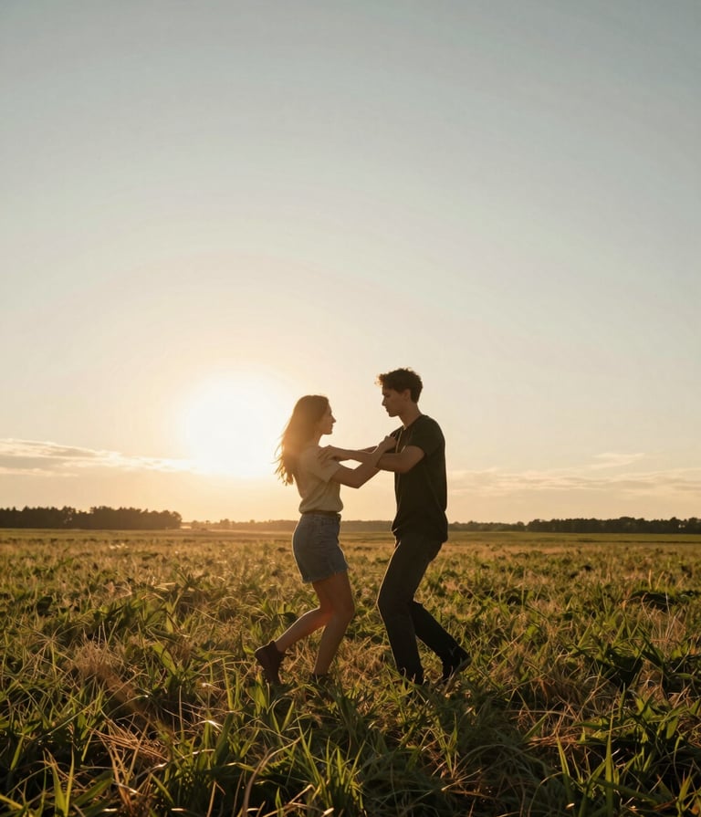 A cinematic, wide-angle shot of a couple dancing in an open field in the North American Midwest during golden hour. The sun is low, creating a sun-drenched flare and long shadows. The vibe is authentic and full of movement.