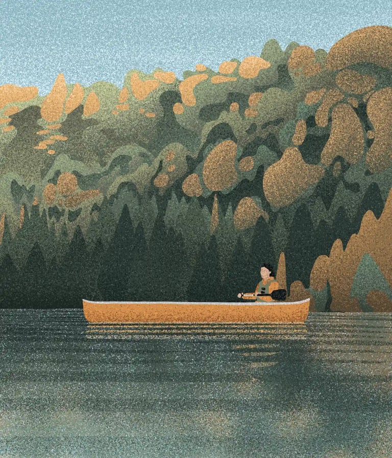 board game illustration of a woman in a canoe on the reflective waters of a lake
