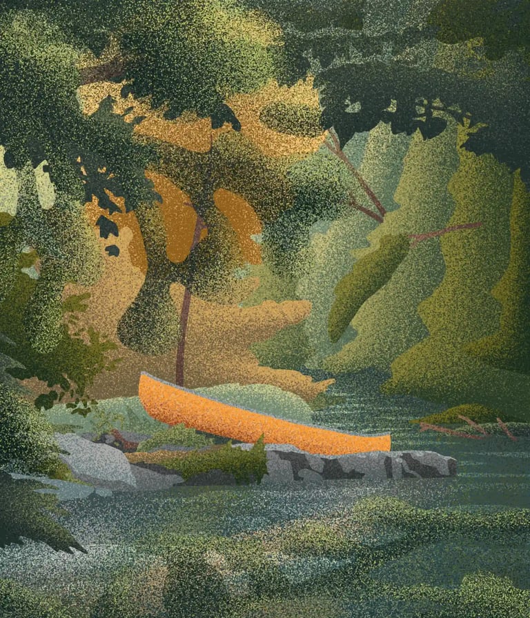board game illustration of a canoe resting by a stream in a lush forest setting