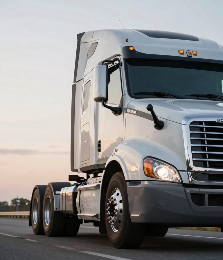 Low-angle heroic shot of a heavy Class 8 semi-truck in motion on an open highway under overcast morning skies, chrome details reflecting soft light.